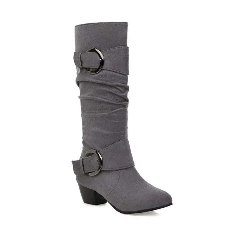 Women High Heel Boots Lady Buckle Wedges Heels Knee Boots Round Toe Flock Sewing Boots