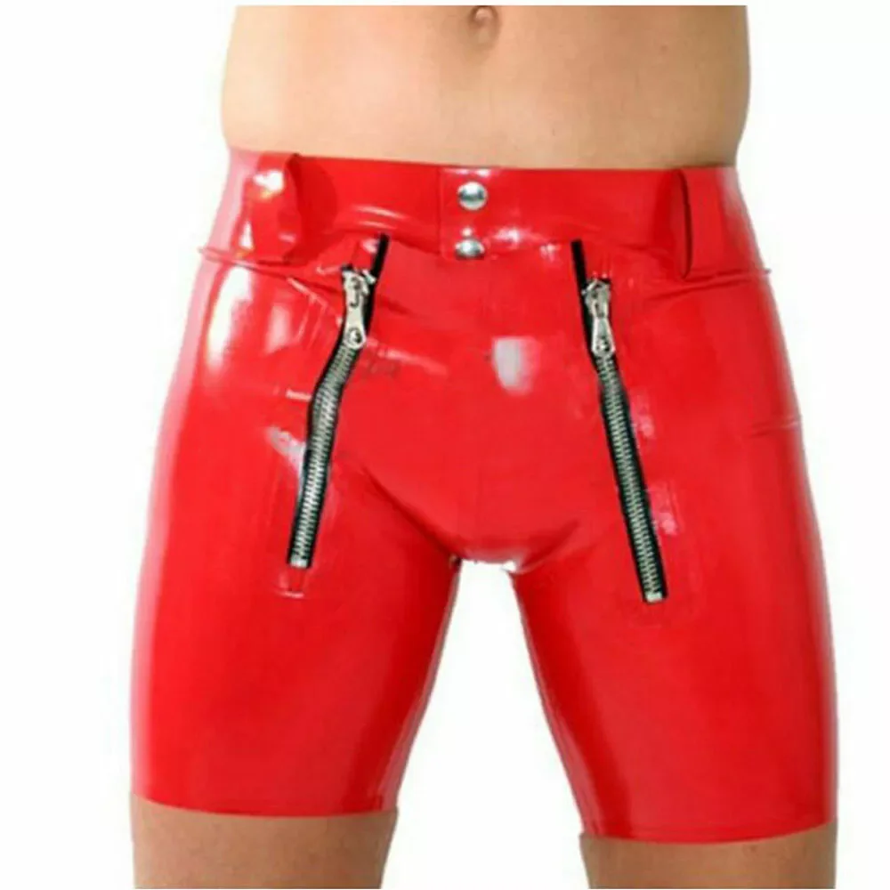Sexy Men's Red Latex Shorts Rubber Pants with Zipper Codpiece Halloween Cosplay