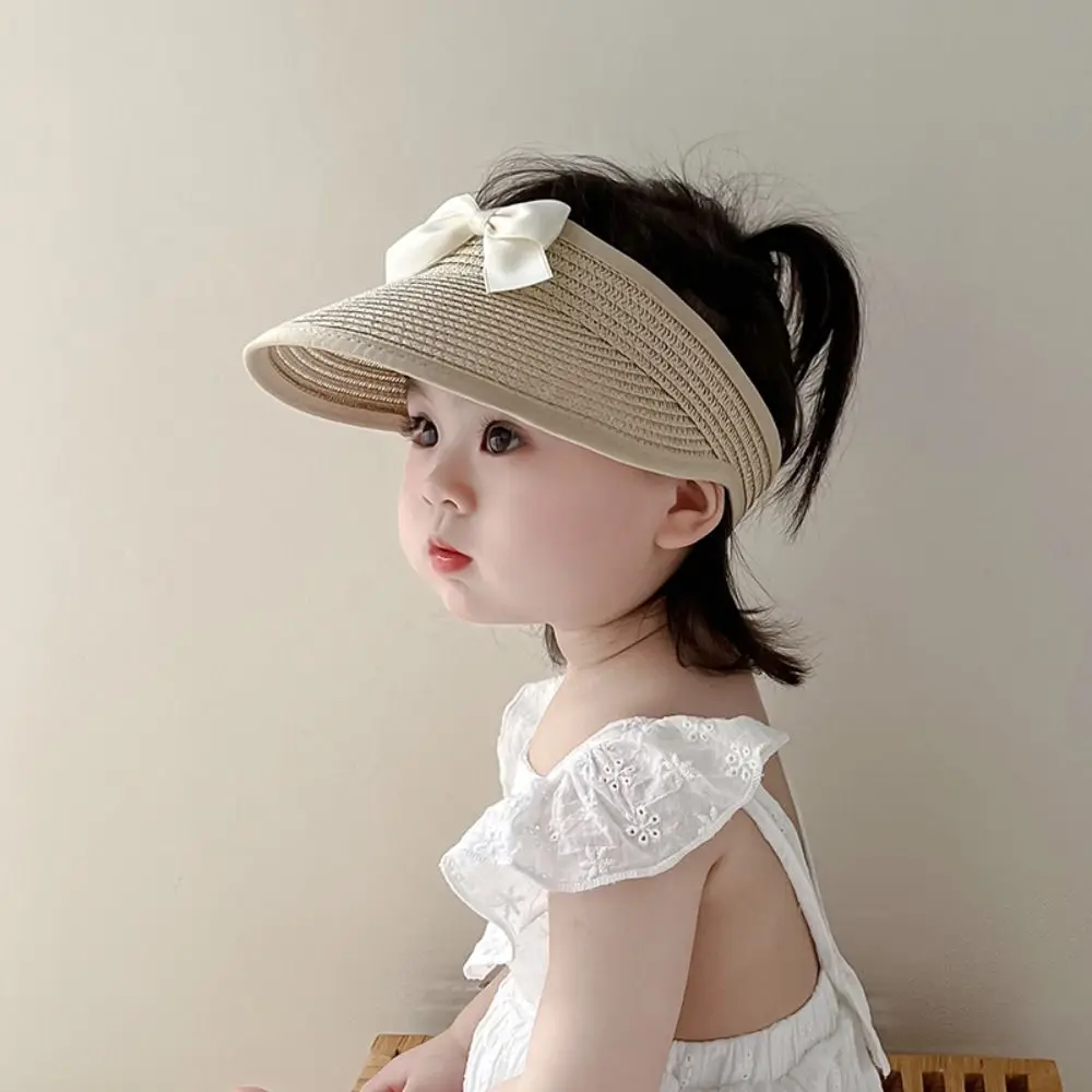 Breathable Korean Baby Straw Caps Empty Top Anti-UV Bow Straw Hat Wide Brim Sun Protection Visor Cap Summer