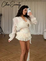 Nouvelle Robe Mini Élégante Imprimée pour Femme, Manches Longues, Col en V, Taille Volantée, Robe d'Été 2026 pour Vacances Féminines 2