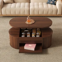 Table basse relevable avec rangement, table basse Trau avec côtés en bois courbés et étagère coulissante, meubles multifonctionnels pour salon 4