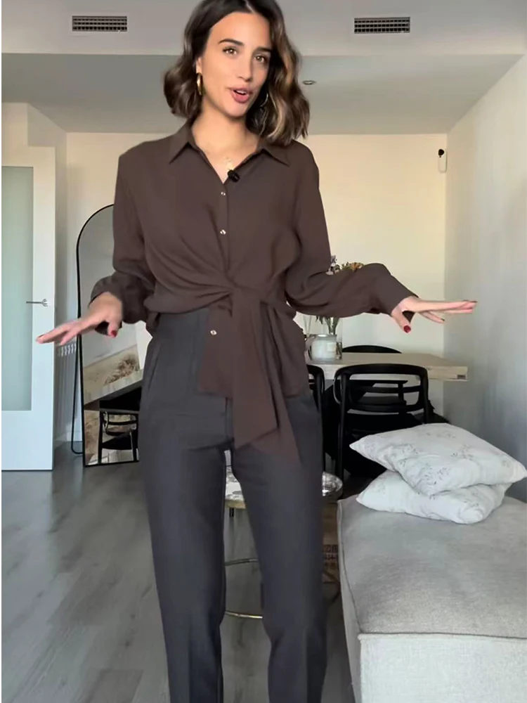 New Women's Shirt Pants Set Simple Lapel Long Sleeve Fit Blouse Wide Leg Trousers Women Elegant Office Fashion Autumn Outfits