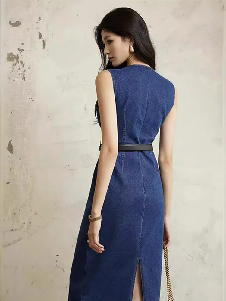 2025 Summer New Women's Skinny Fit Denim Dress Elegant O-Neck Sleeveless  Waist-Cinching Midi Dresses Trendy Casual Streetwear - AliExpress