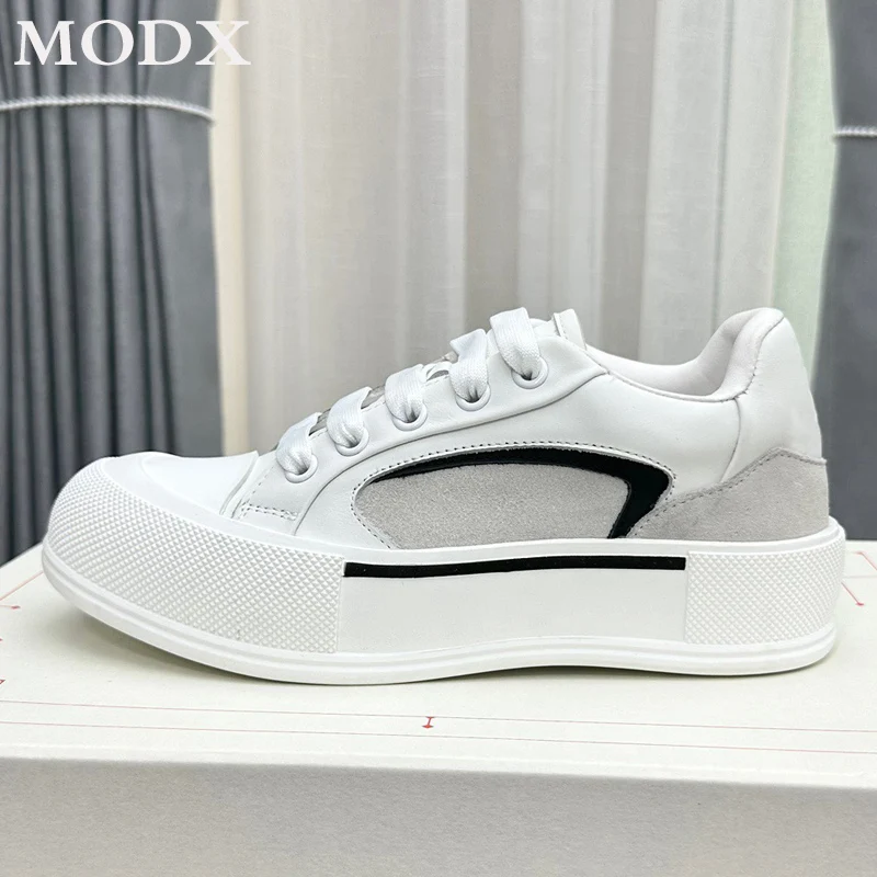 

Comfortable Fashion Mixed Color Genuine Leather Thick Sole Casual Sneakers Women 2023 New Classic All-match Retro Flat Shoes Men