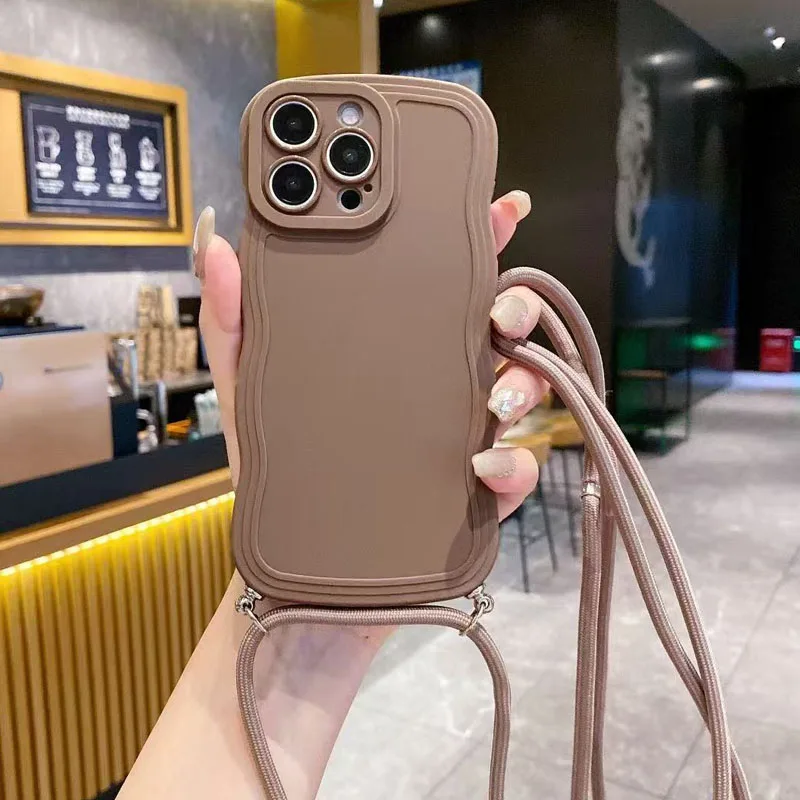 Stylish Wave Edge Lanyard Shockproof Phone Case with Soft Back Cover