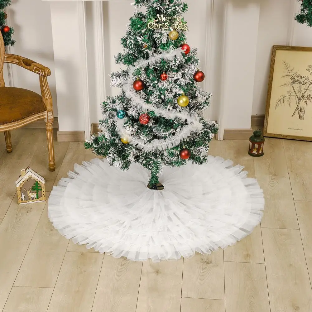 7890CMWhiteTulleChristmasTreeSkirtRoundPleatedSolidColor