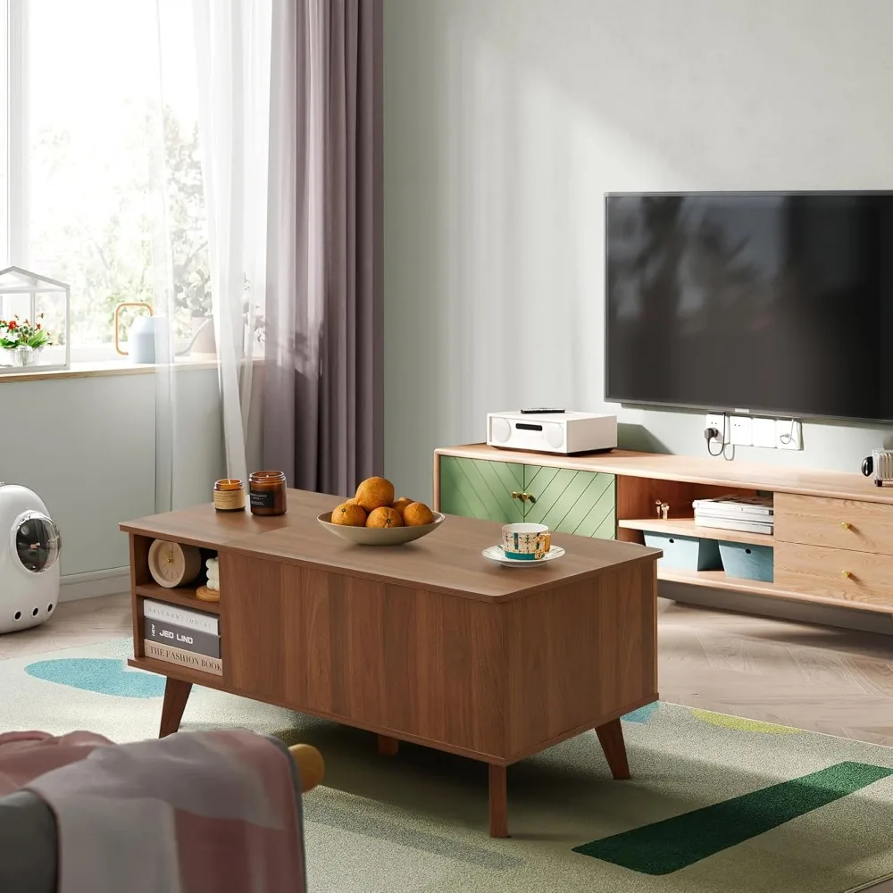 Wooden Fluted Lift Top Coffee Table with Hidden Compartment, Modern Rectangle Center Tables with Adjustable Storage Shelf 6