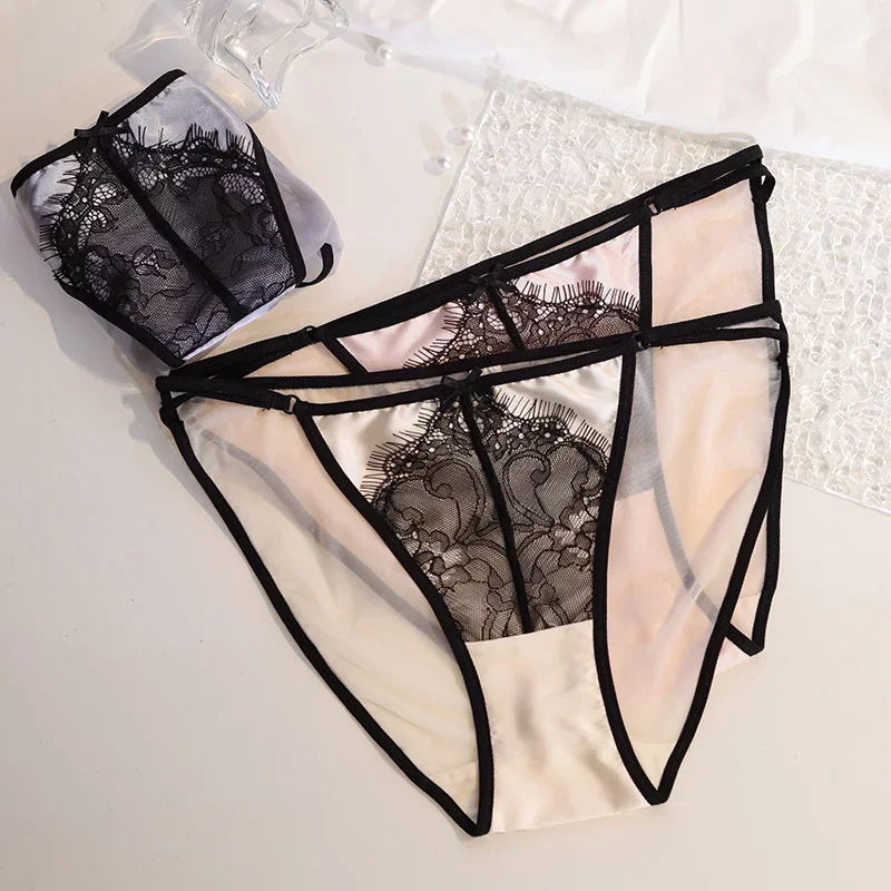 

Soft Ice Silk Contrast Panties Teenage Eyelashes Lace Sexy Patchwork Thin Belt Medium and Low Rise Women's Panties