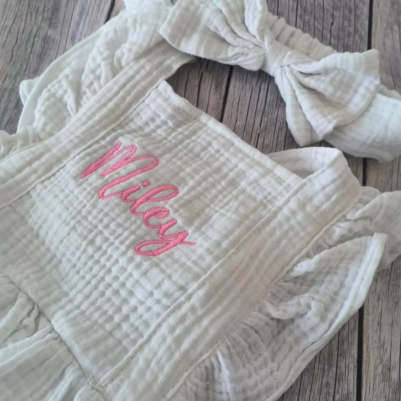 Custom Name Summer Newborn Infant Baby Girls Romper + Headband Muslin Sleeveless Rompers Kids Onepiece Fashion Baby Clothing 2