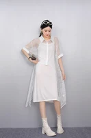 2025 Spring Summer Fashion Elegant Mesh Hollow Out Loose Long Dresses Women Short Sleeve Dress Ladies J1091
