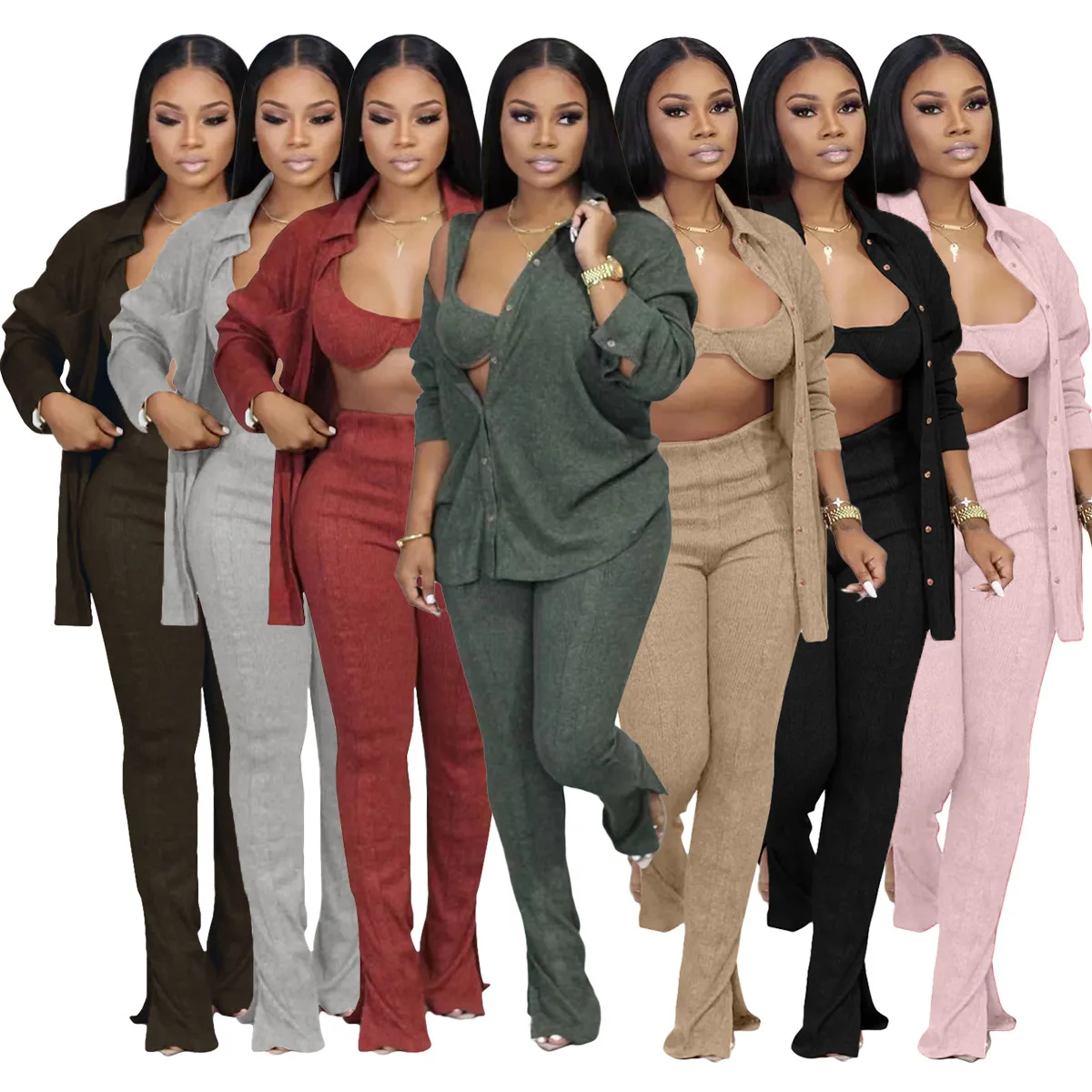 Knitted Bikini Top Women Elegant Luxury Outfit Three Piece Set Sweater Cropped Knit Tops 2022 Winter 2 Two Piece Suit Pant Set