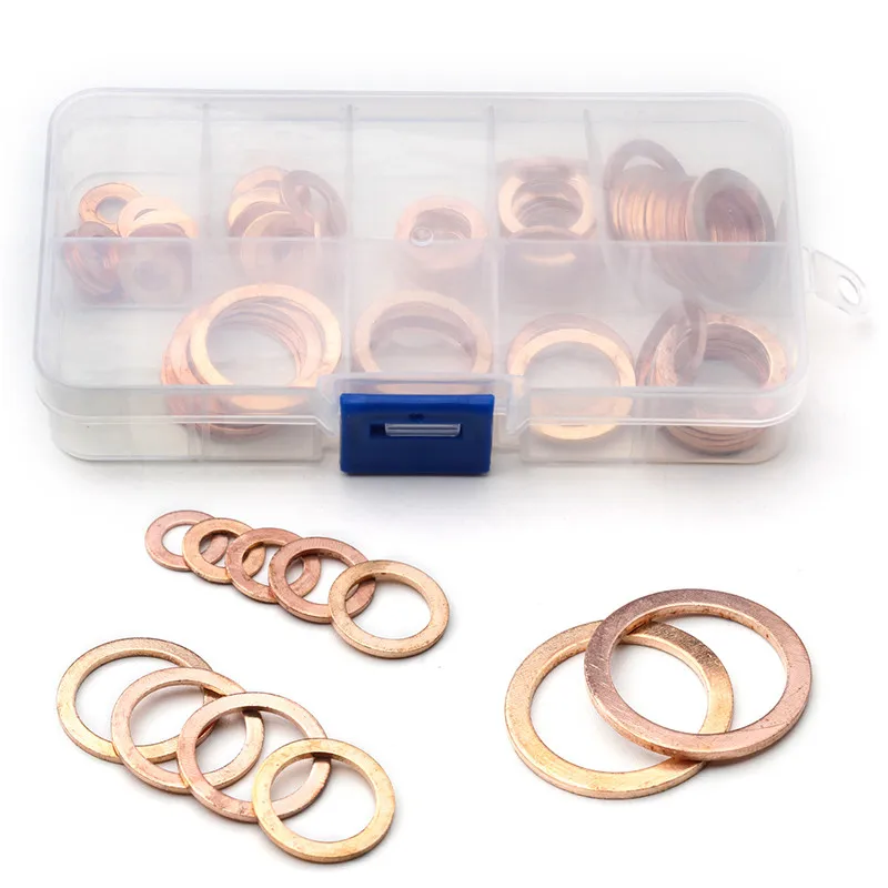 

80pcs Copper Washer for Oil Sump Plug M6 M8 M10 M12 M14 M16 M18 M20 Sealing Solid Washer Flat Seal Gasket Ring Assortment Kit