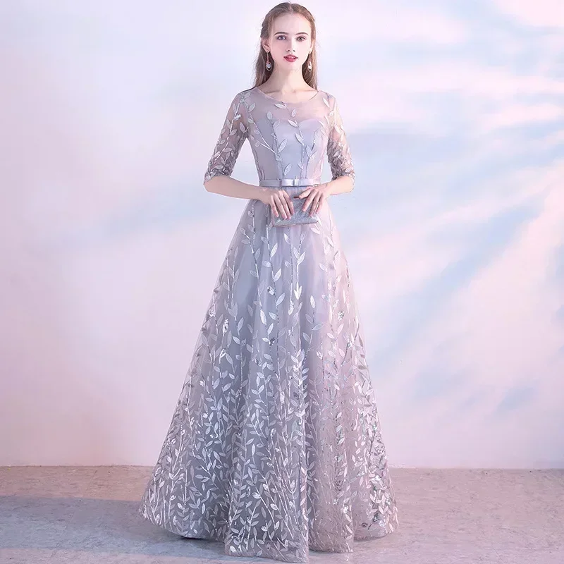 It's Yiiya Customized Evening Dress Gray Sequins O-Neck Half Sleeves Floor Length A-line Plus size Woman Formal Women Party Gown 1