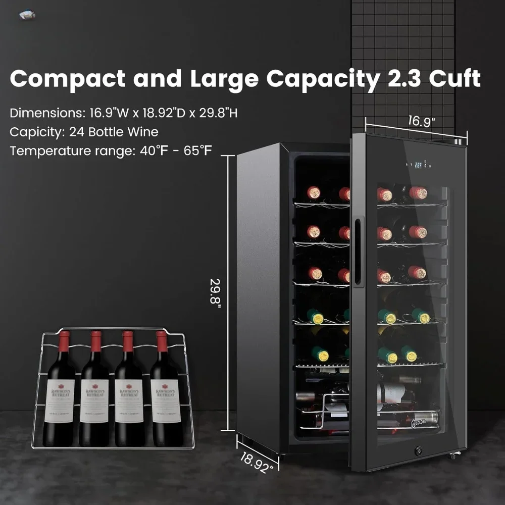 Wine Cooler 17 Inch Refrigerators Freestanding 24 Bottle Countertop Double-Layer Tempered Glass Door Wine Cellars