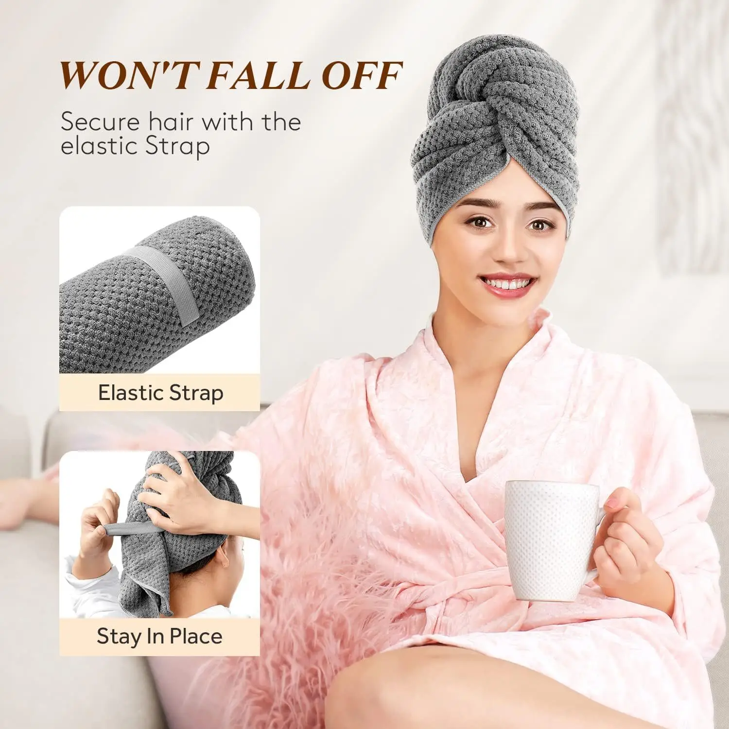 Grande Serviette de Cheveux Longs en Microcarence pour Femme, Serviette de vaccage Super Absorbante avec Sangle artificiel astique, Turbans Ronds