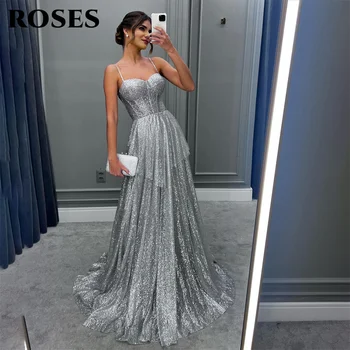 ROSES Silver Spaghetti Strap Prom Dress Sequin Tiered Celebrity Gown Sweetheart Backless Fishbone Wedding Party Dress Customized 1