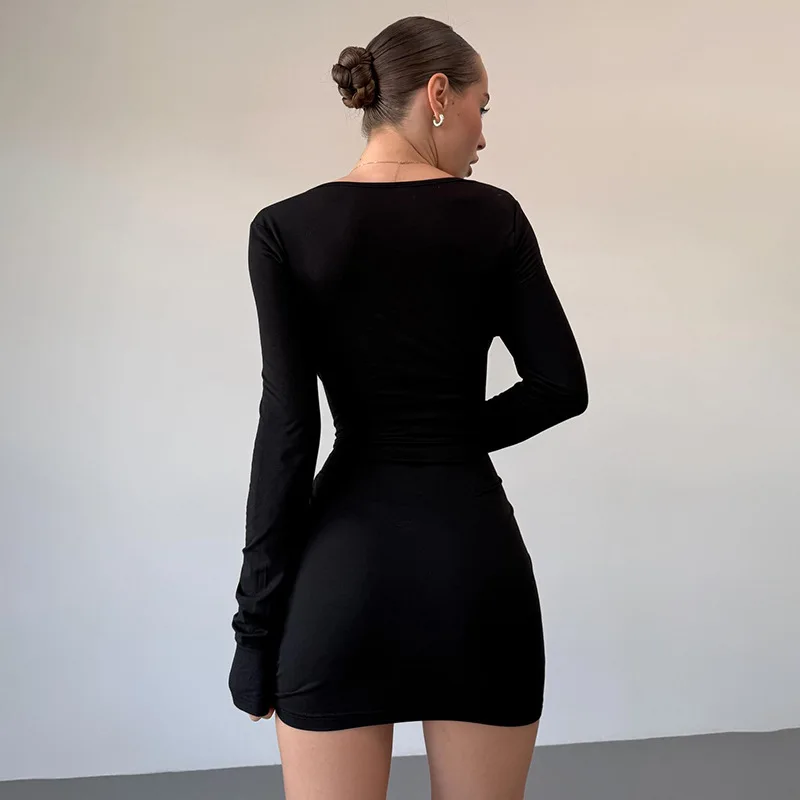Vestido sexy metalizado ajustado con escote pronunciado para mujer, minivestido de manga larga con cintura alta, elegante, liso, para fiesta otoñal.
