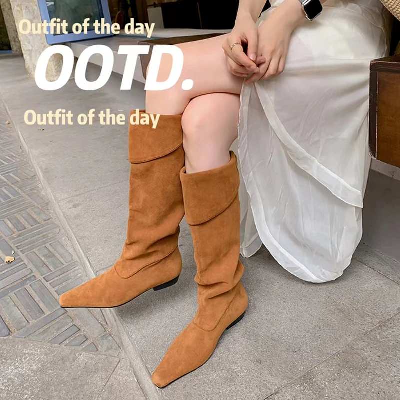 

2023 Autumn winter Women knee high boots natural leather 22-25cm cow suede/cowhide+pigskin modern boots square toe long boots