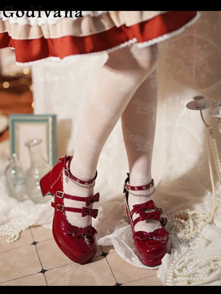 

Lolita Elegant Women's Metal Buckle High Heels Spring Autumn Sweet Cute Japanese Style Patent Leather Halloween Leather Shoes
