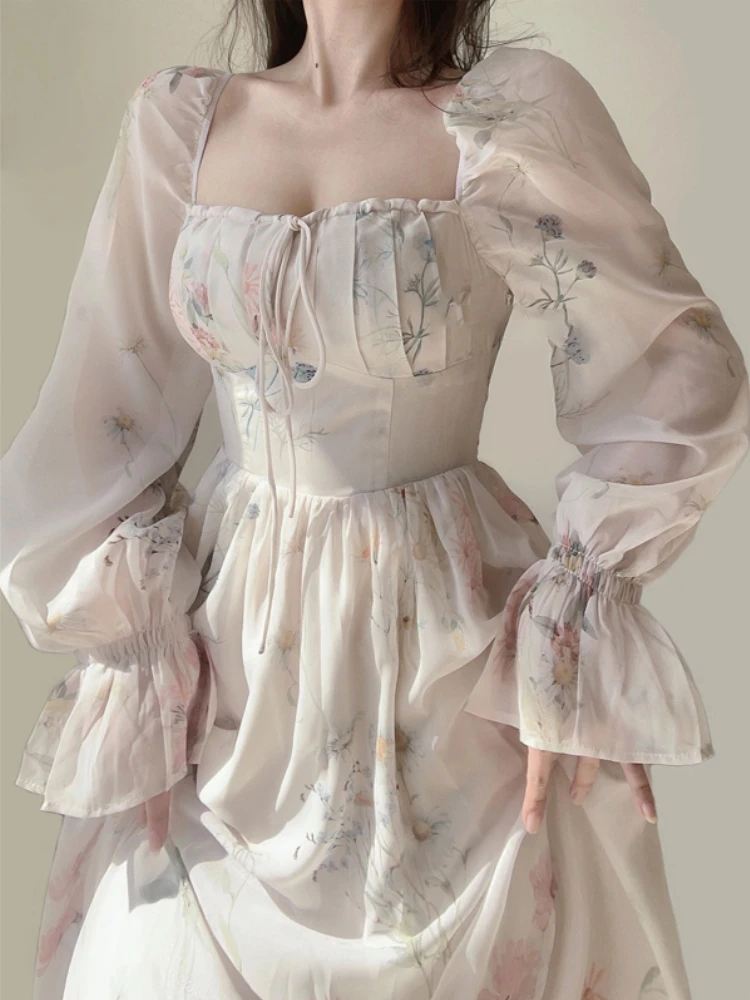 2023 Summer Elegant Floral Fairy Dress Woman Beach Style Party Long Sleeve Midi Dress Fashion Female One Piece Dress Korean Boho 3