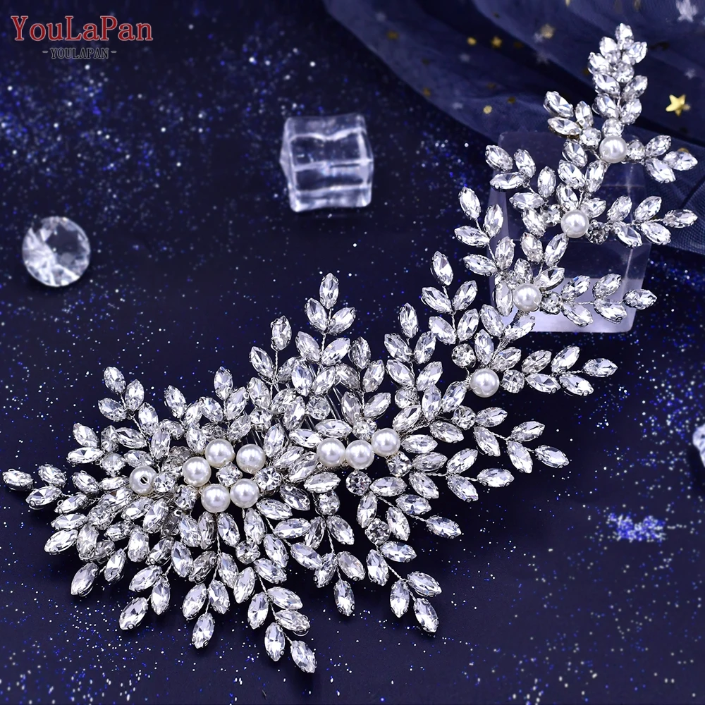 TOPQUEEN Silver Bridal Headband Wedding Hair Accessories Rhinestone Pearls Bridal Headpiece Hair Ornament Women Headdress HP434