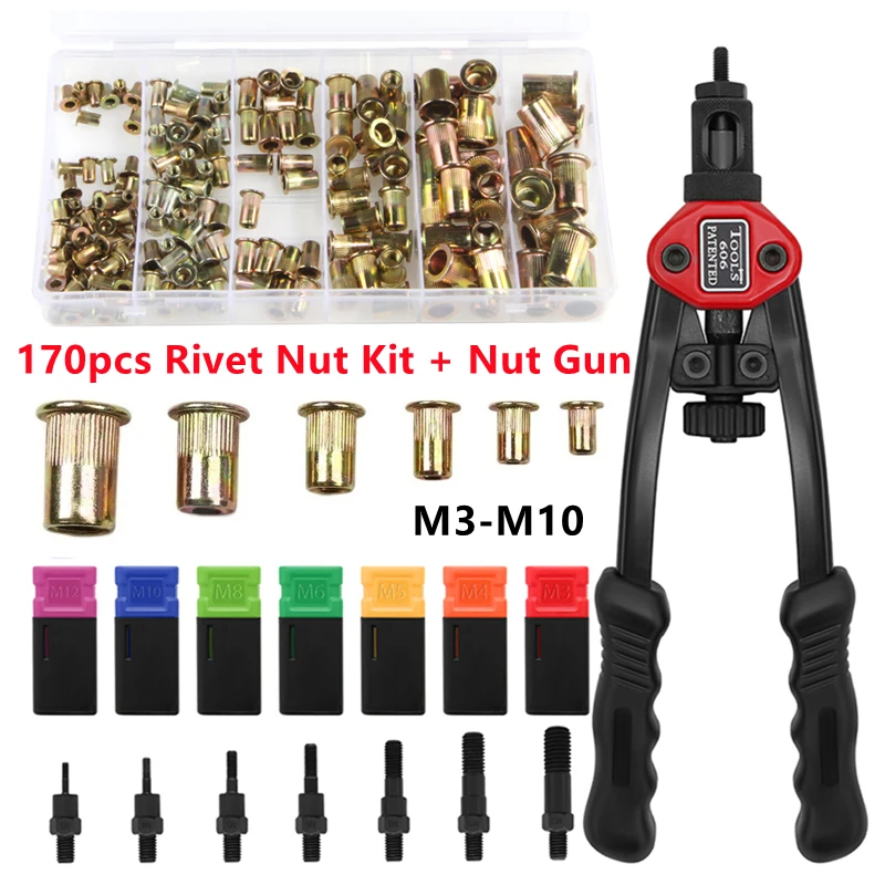 Manual Riveter Gun Ferramenta de Rebitação Kit Rivet Nut Mão Roscada Rivet Nuts m3 m4 m5 m6 m8 M10 170 Pcs Bt606