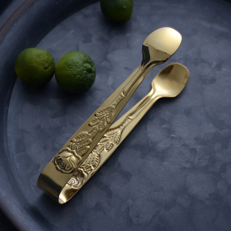 Ice Clips Sugar Tongs Food Clips Vintage Rose Relief Stainless Steel Kitchen Serving Tongs Tableware Accessories Kitchen Tools food tongs