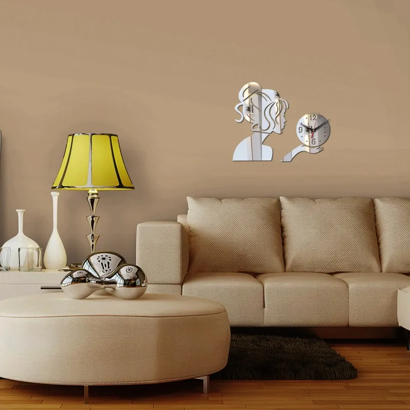 Beauty Lady Portrait Wall Clock Digital Quartz Watch Acrylic 3D Mirror Stickers Living Room Home Decor Beauty Salon Wall Decor