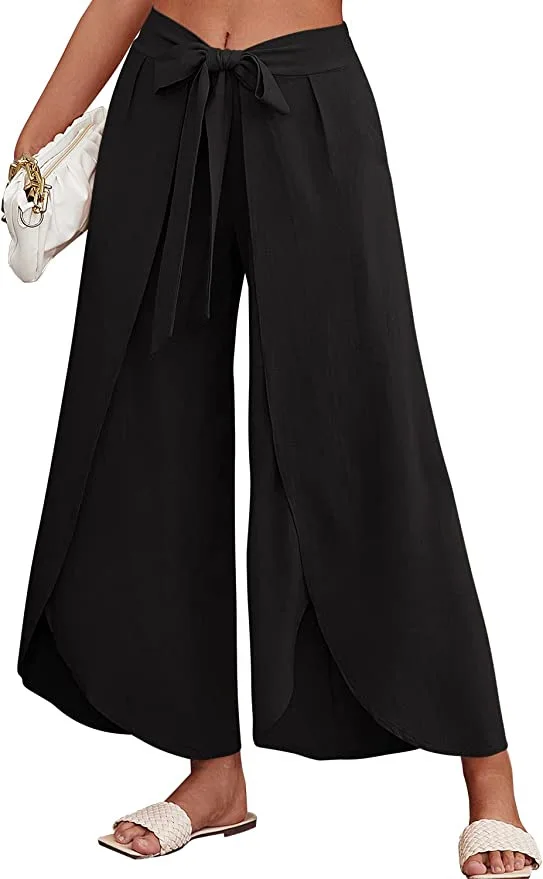 New Women's Bohemian Slit Wide Leg Belt High-waisted Trousers