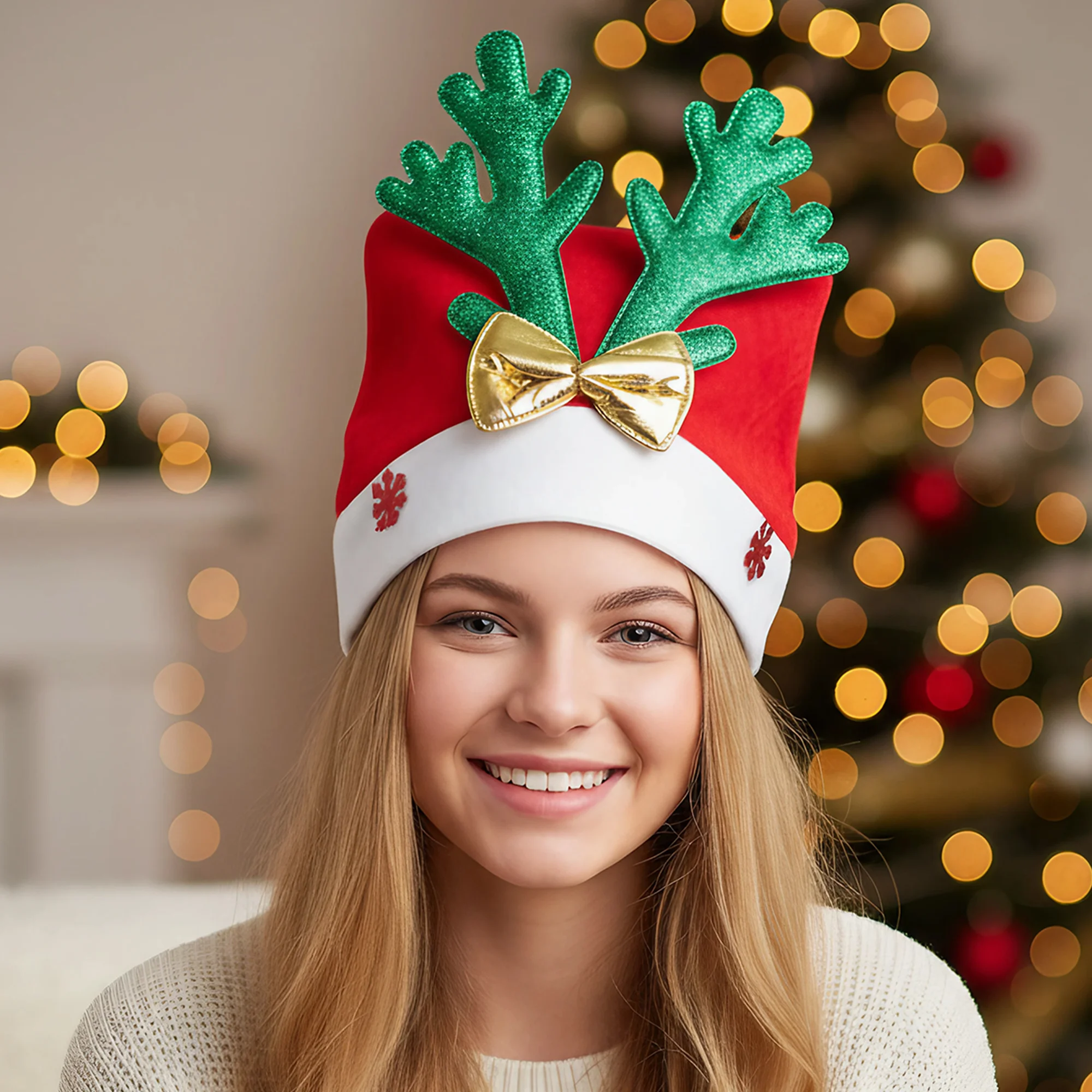 Festive Reindeer Antlers Headband with Glitter Bow and Bells Christmas Party Hair Accessories for Adults and Kids