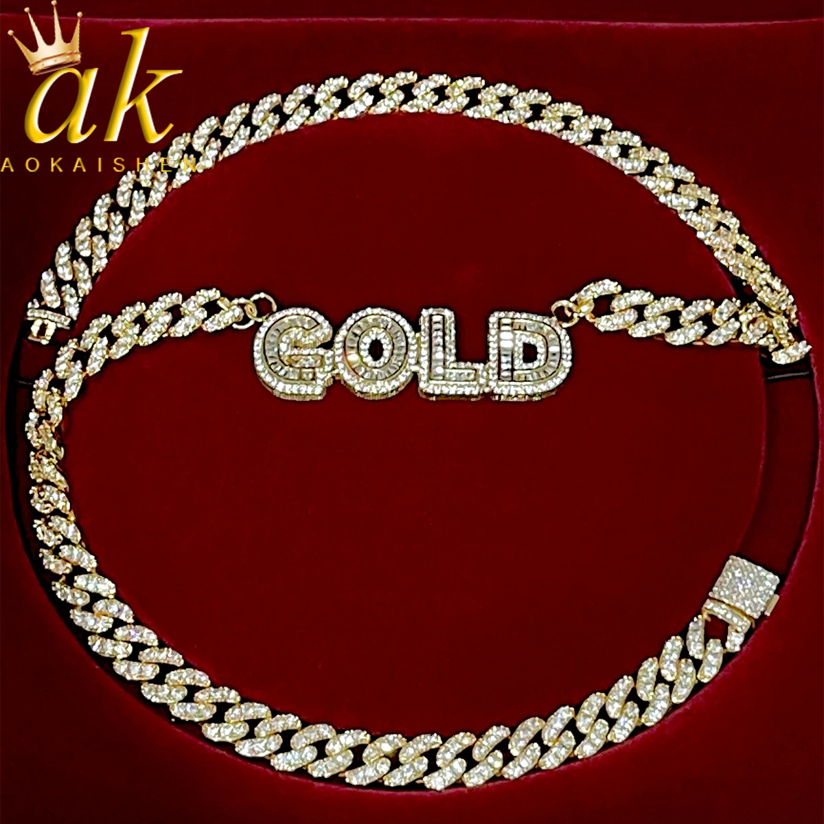 

Aokaishen Custom Baguette Letter Name Number Zircon Pendant With 10mm Miami Cuban Necklace Chain For Men Pave Hip Hop Jewelry