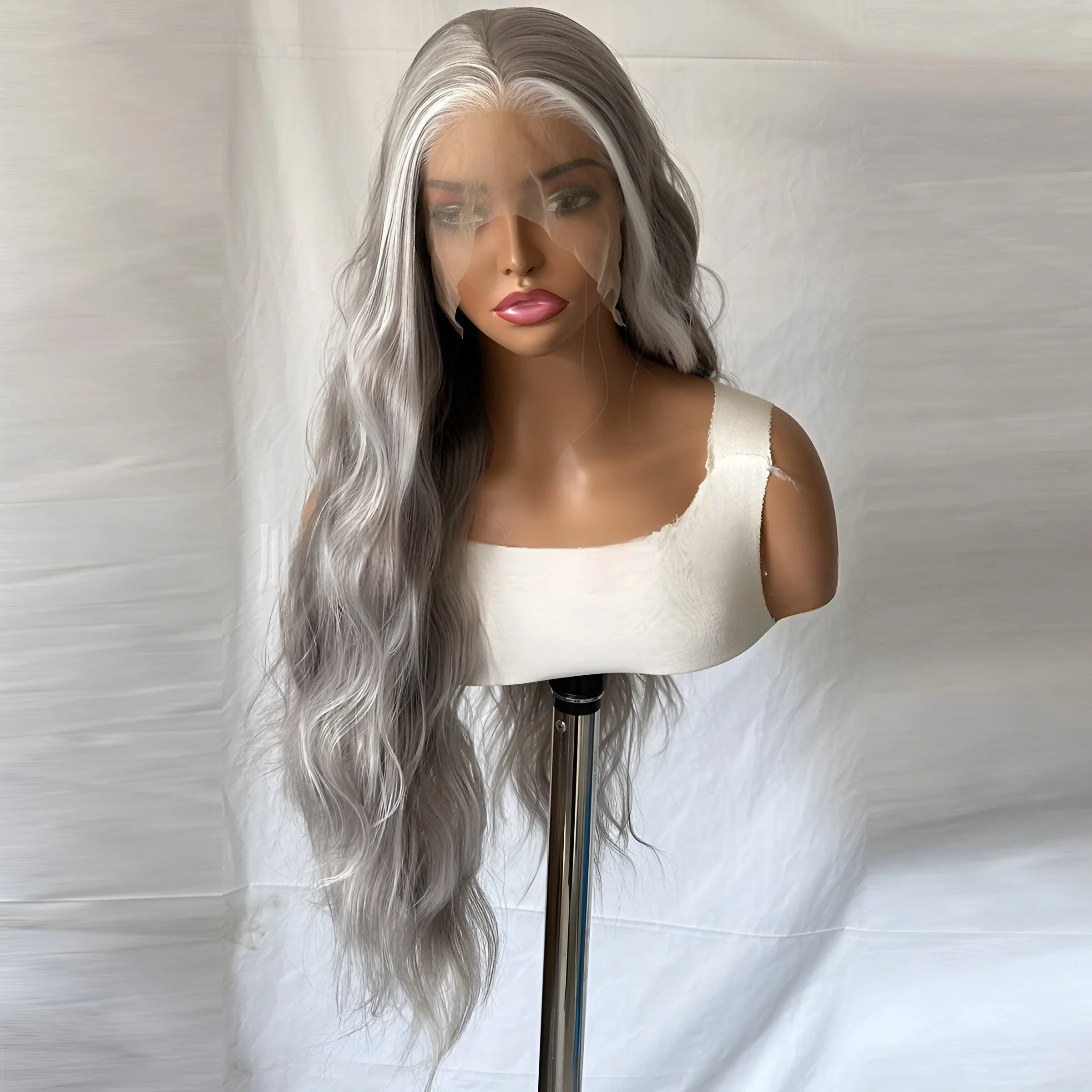 Lace Front Wig Highllights Grey Long Synthetic Frontal Lace Wig Women