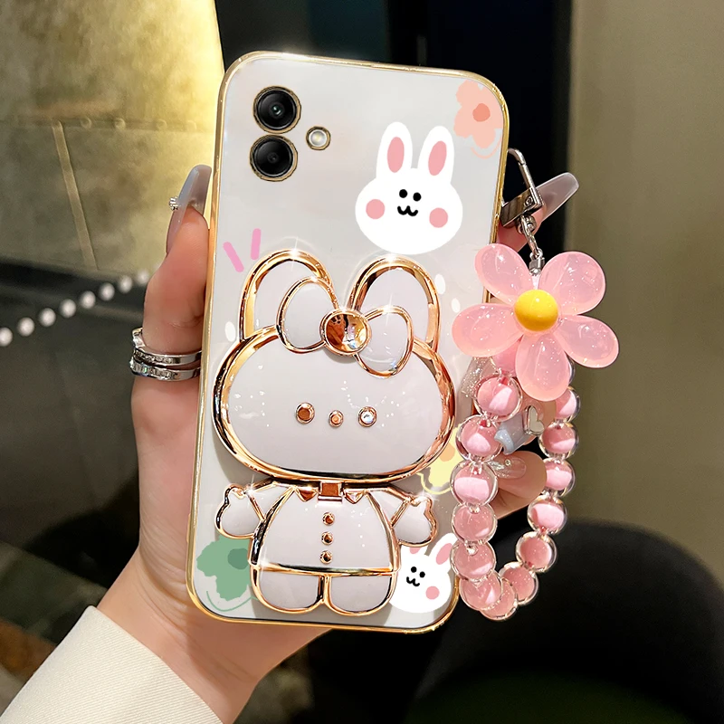Charming Floral Strap Makeup Mirror Phone Holder Case with Cute Rabbit Design - Perfect