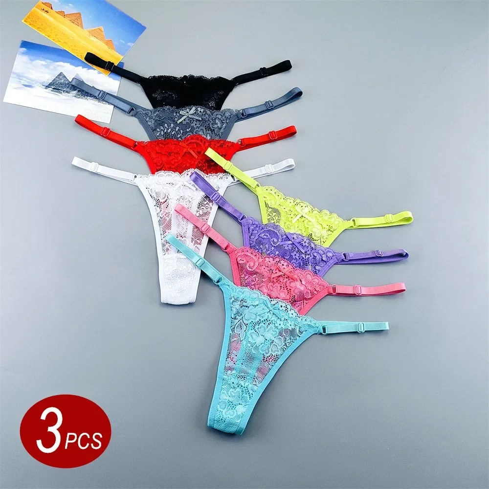 Sexy lace panties 3Pcs Lace Thong Adjustable Underwear Women Low Rise Hollow Out Mesh G-string Female Underpants Perspective Lingerie