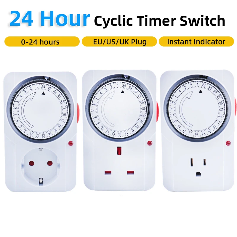 24 Hour Cyclic Timer Switch EU/US/UK Plug Programmable Mechanical Timer Auto Shutdown with Overload Protection