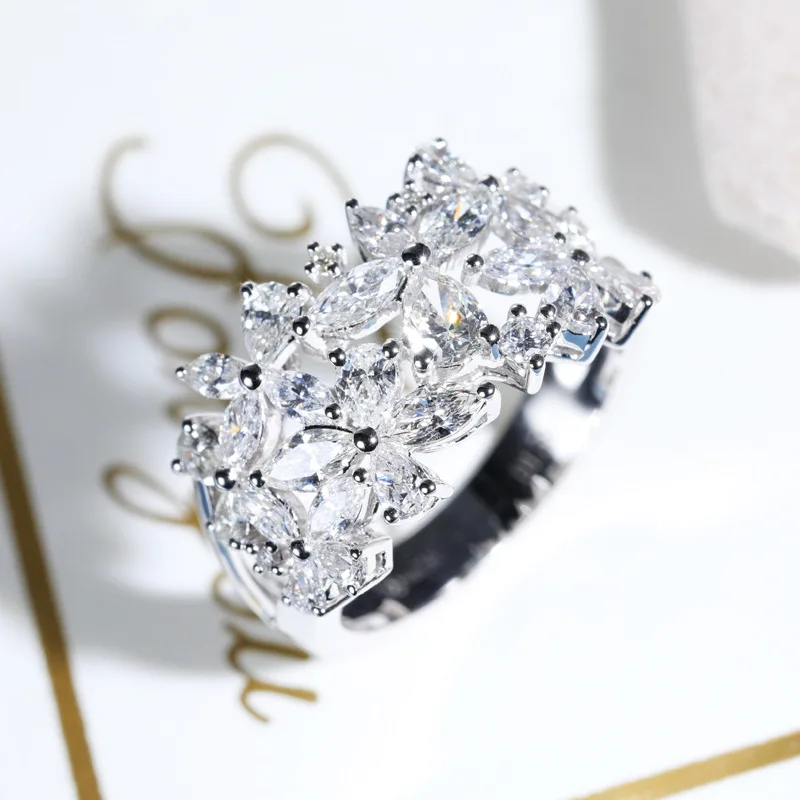 925 Silver Petal Rotating Ladies Ring Natural Zircon Rose Gold for Women Wedding Bridal Luxury Fashion Jewelry Rings