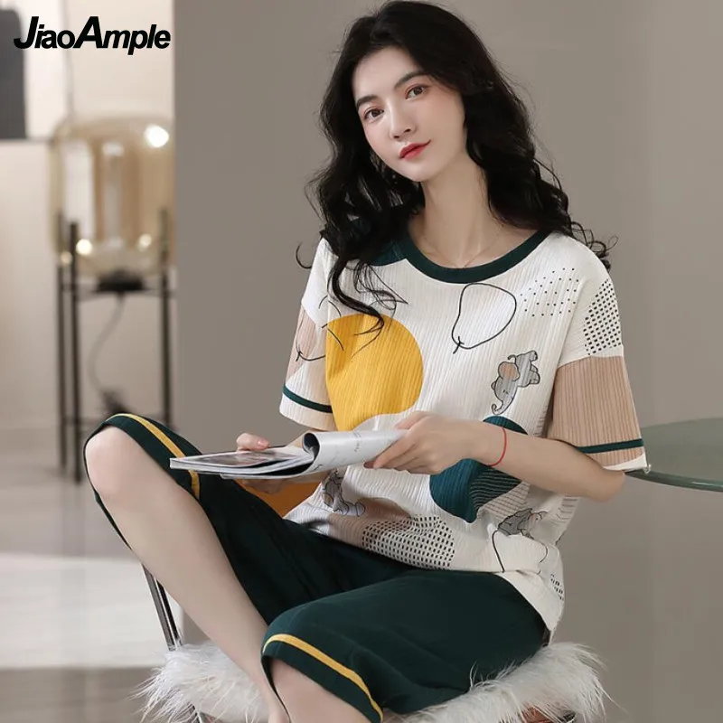 100% Cotton Double Sided Pajamas Women's Loose Korean Casual Pijamas Set 2022 Summer Short Sleeve Sleepwear Trousers 2 Piece Set