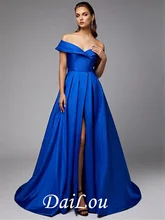 

A-Line Elegant Engagement Formal Evening Dress Off Shoulder Sleeveless Chapel Train Taffeta with Pleats Slit 2022