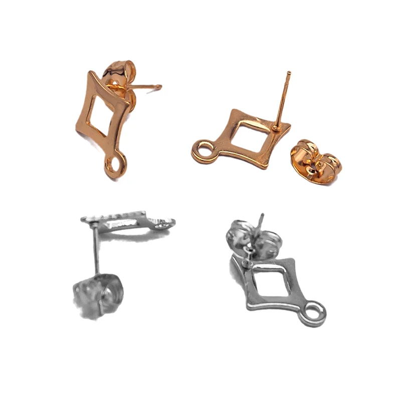 10pcs/lot Stainless Steel Gold Findings Geometric Rhombus Hollow Stud