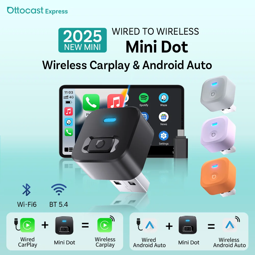 Ottocast Mini 2 Wireless Carplay Adapter Android Auto Wireless Wi-Fi6 BT5.4 Dual Channel Plug & Play Auto Switch 2-Telefone-Dongle