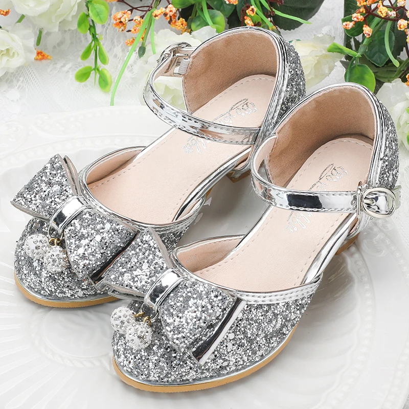Girls Mary Jane Bow Low Heels Shoes Kids Shiny PU Wedding Party Birthday Party Kid Princess Dress Shoes
