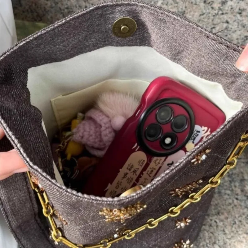 Retro Denim Bead Embroidery Shoulder Bag Women Chain Quilted Large Capacity Handbag Ladies Harajuku Versatile Crossbody Bag 2025