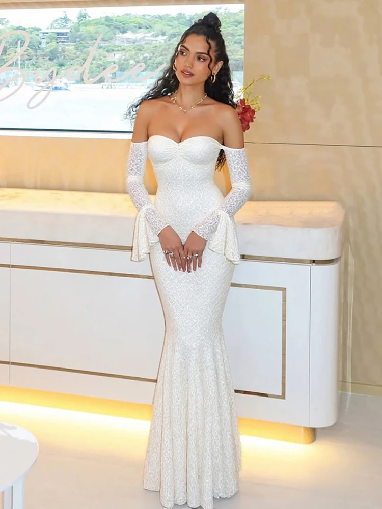 Nibber Elegant See Through Dress Women Slash Neck Off Shoulder Flared Sleeve Ruffles Hem Street Ruched Chic Vacation Vestidos