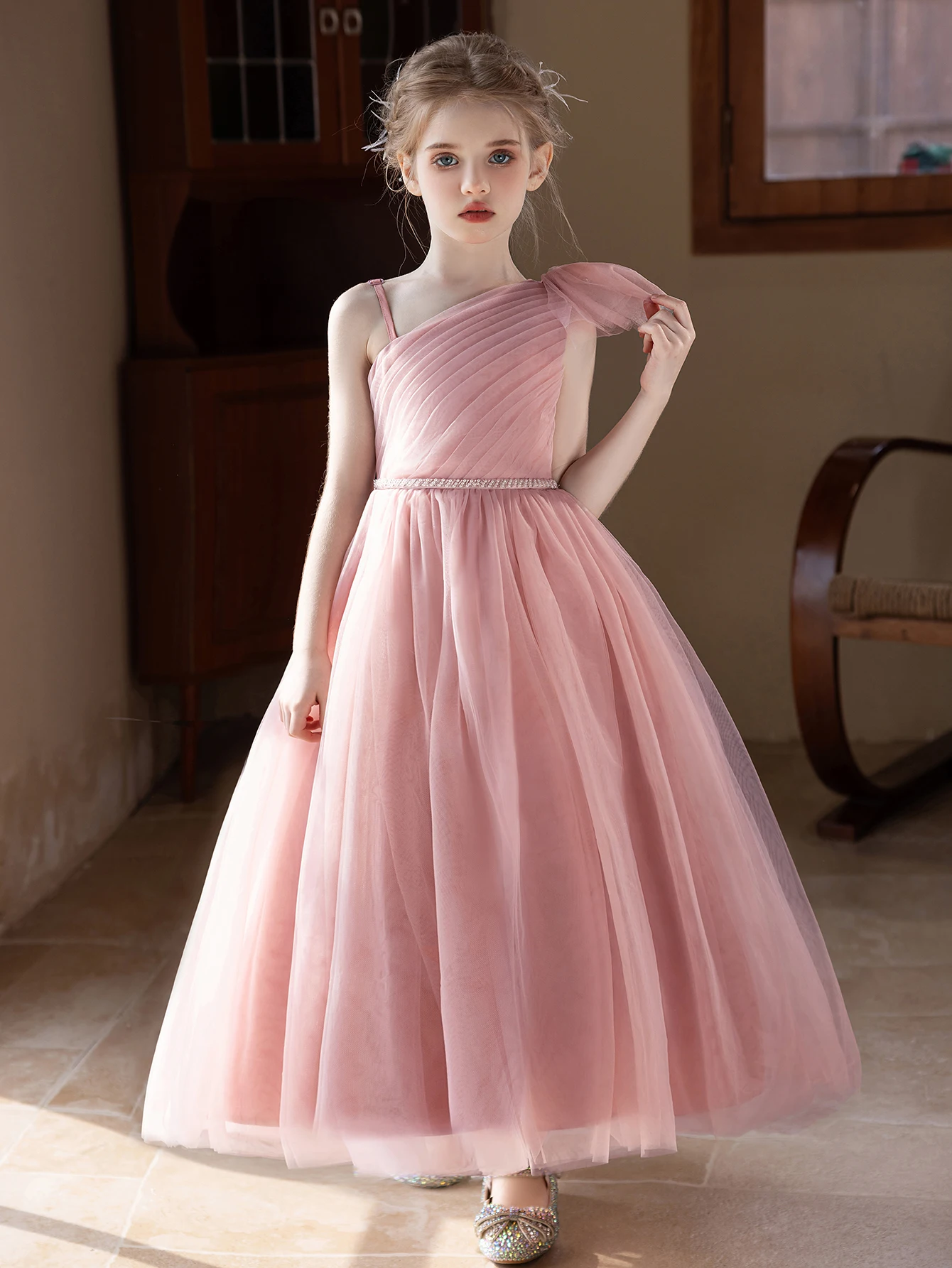 Girl's Elegant Pink One-Shoulder Puff Dress