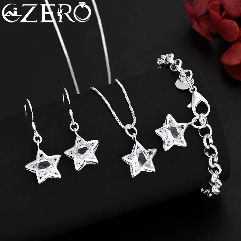 

Popular Brands 925 Sterling Silver pretty Crystal Star necklace earring bracelet Jewelry set Women Fashion Wedding accessories