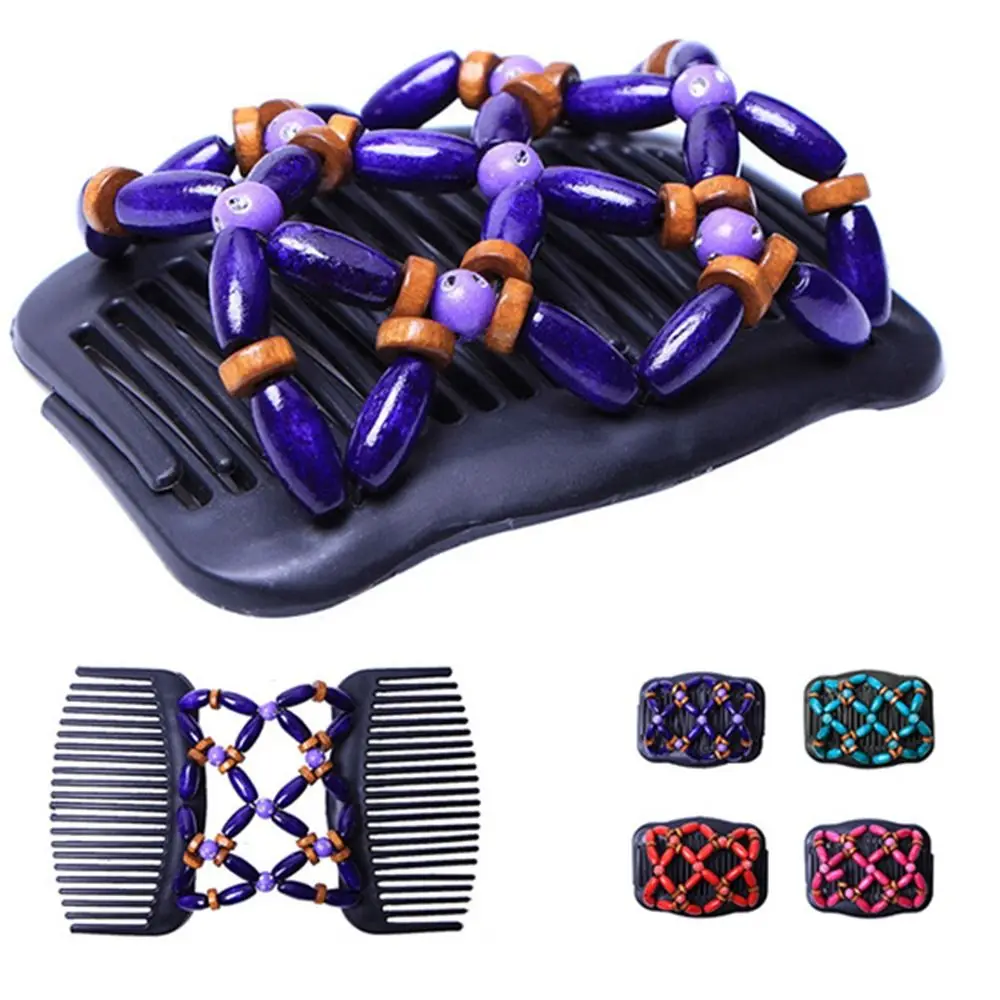 Plastic Double Row Comb Wood Hair Comb Exquisite Magic Wood Beads Hairpin for Women multifunctional meridian comb sandalwood comb massage comb wood carving 괄사 도구 расческа для волос