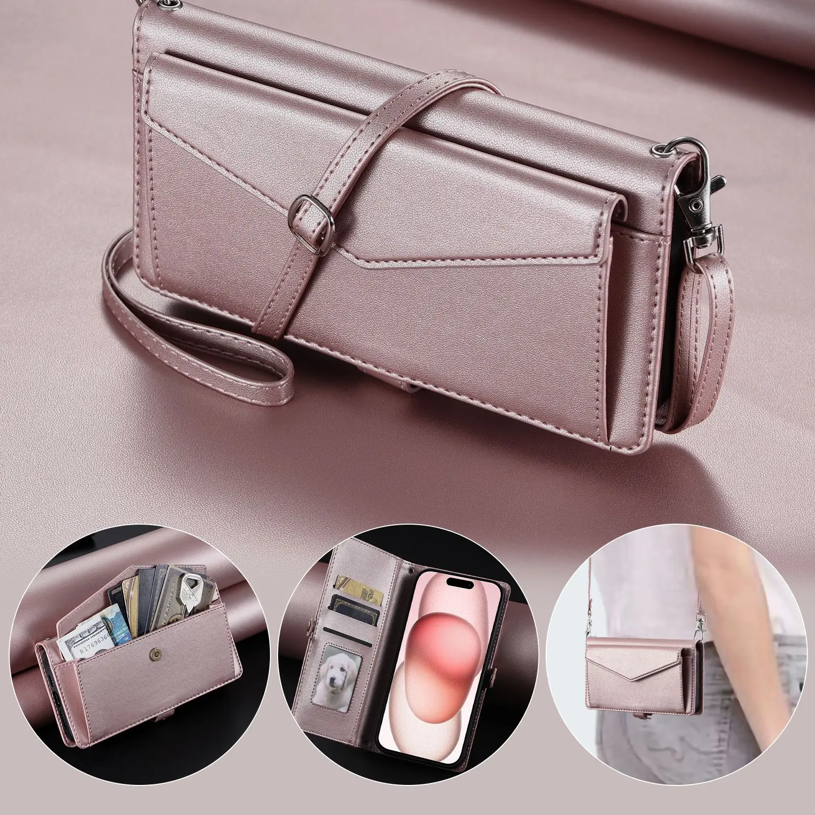 Leather Crossbody Flip Case with Lanyard and 3-Card Wallet Holder