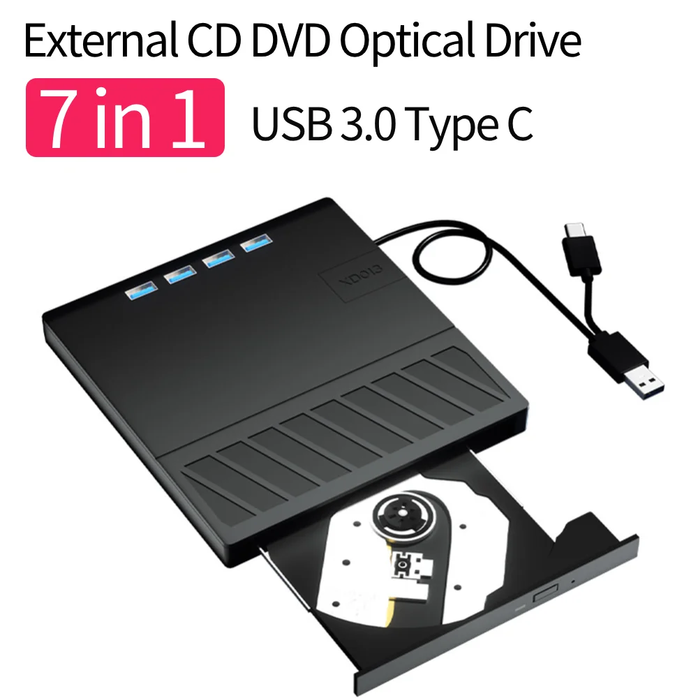 7 in 1 USB 3.0 Type C External CD DVD RW Optical Drive Slim DVD Player Burner Reader for Windows XP/7/8/10/11 Laptop Desktop