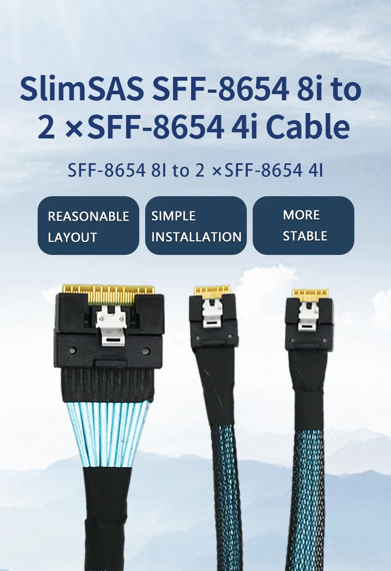 PCIe 4.0 SlimSAS SFF-8654 8i para 2 xSFF-8654 4i Cable-80CM