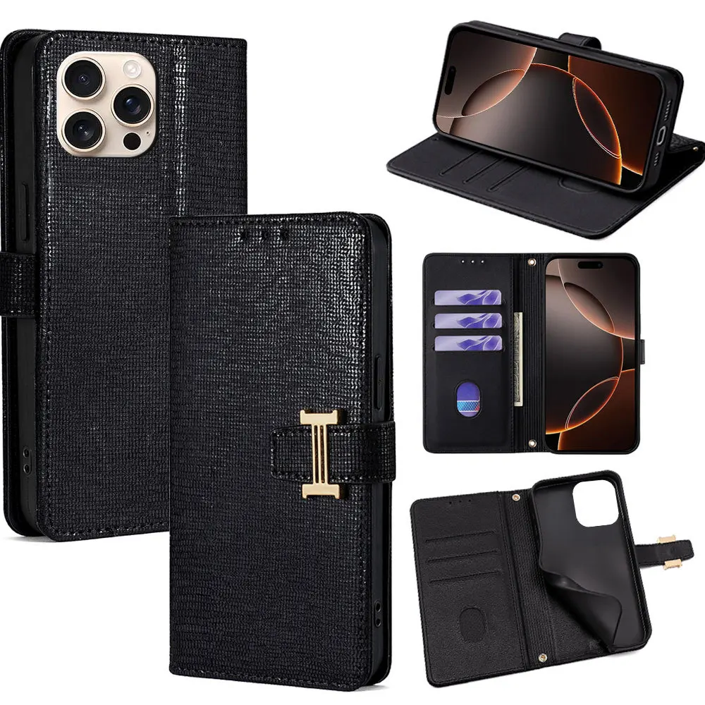 Luxurious Crossbody Leather Wallet Flip Case with Metal Shoulder Strap